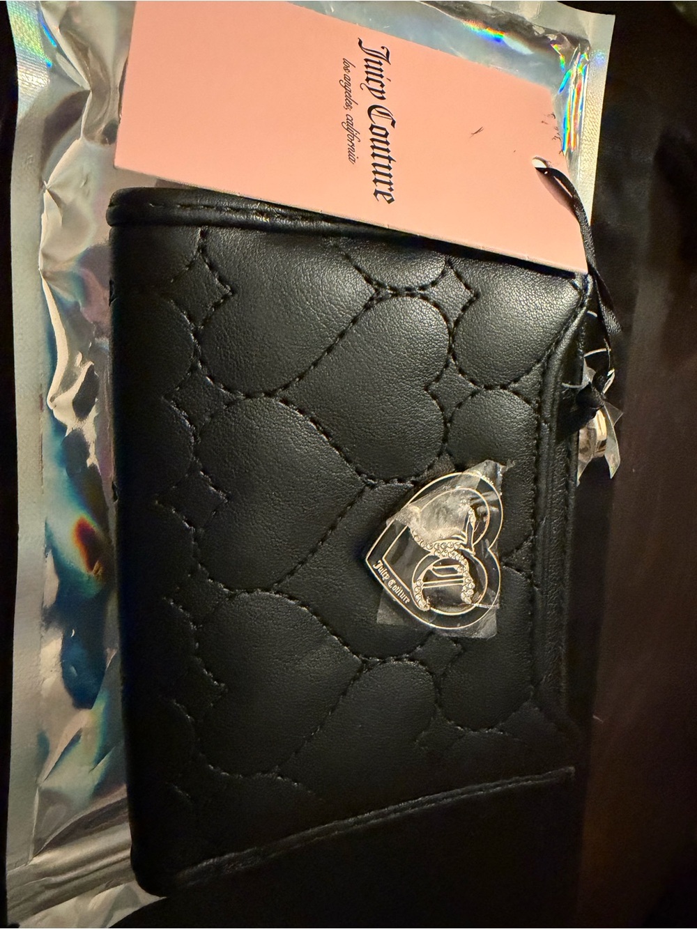 Juicy Couture Black Quilted Heart Zip Card Holder with Heart Charm